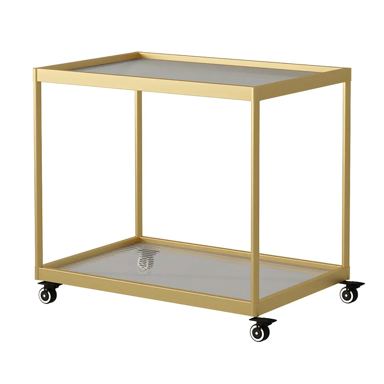 Gold Glass Rectangular Top Shelf Side Table on Wheels