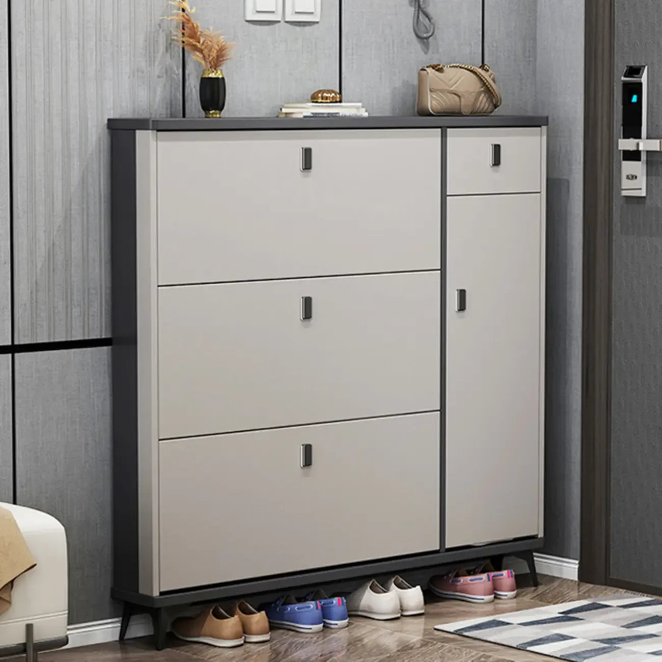 Narrow Sleek Gray Wood Shoe Cabinet with Drop-Front Door