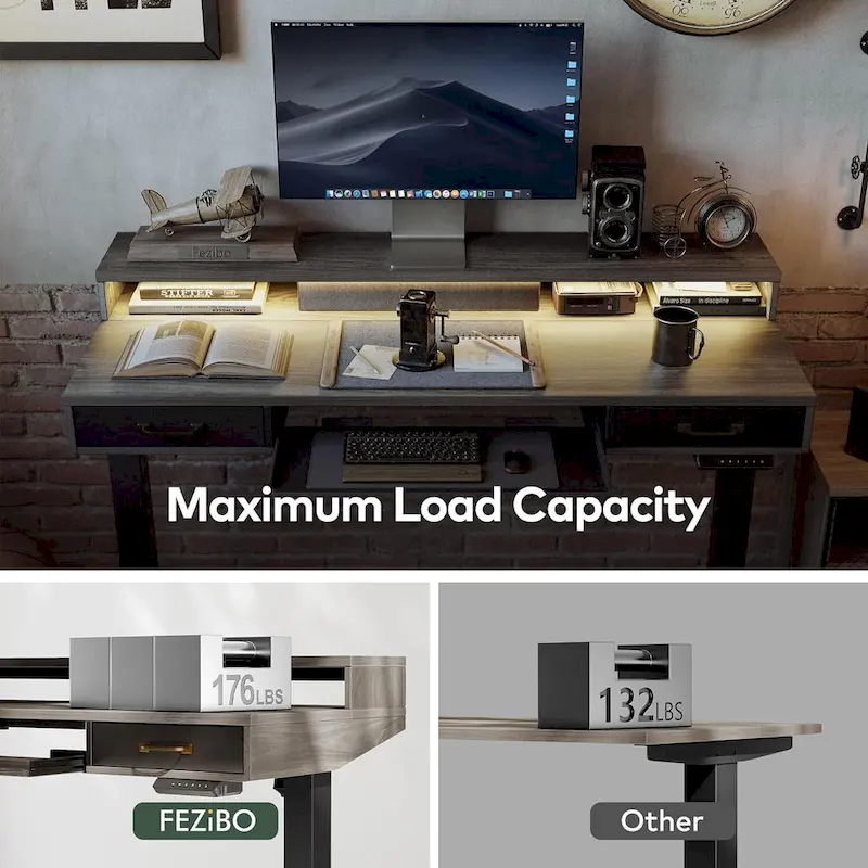 FEZIBO Height Adjustable Electric Standing Desk with Double Drawers&Keyboard Tray, Stand Up Desk with LED Strips