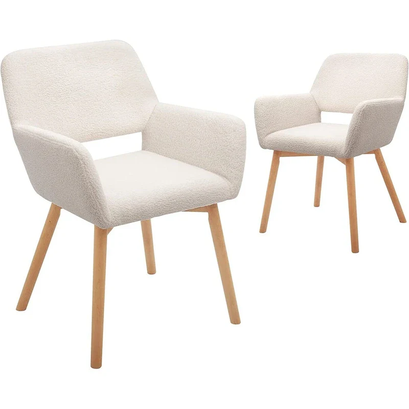 Velvet Modern Accent Arm Chairs with Solid Wood Legs, Set of 2, White
