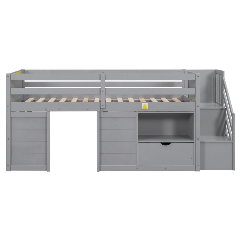 Twin Solid Wood Low Loft Bed with Stair & Drawer