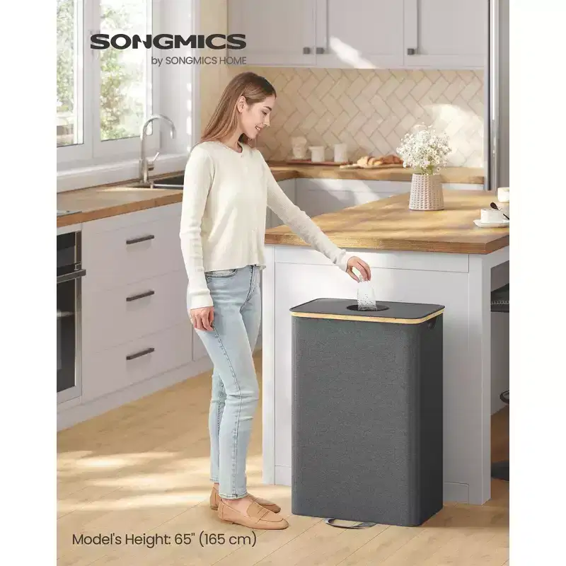 26 Gallon Recycling Bin, Bottle Recycling Container with Inner Bag & Collection Hole, Foldable Design, Slate Gray & Beige