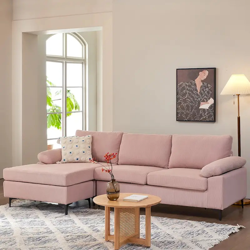 Reversible Chaise Sofa, Suede Fabric, Metal Legs, Spring Coils, Light Brown/Brown/Grey/Blue/Beige