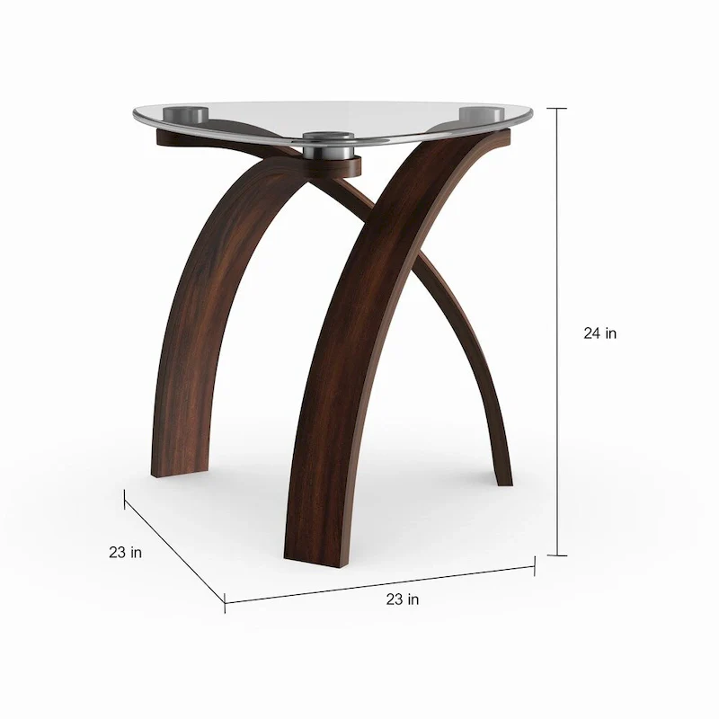Modern Glass Top End Table, Cherry, Crossed Arch Base, Walnut Veneer