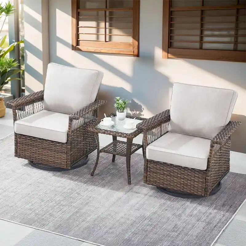 Gymojoy Patio Bistro Set w/ 360 Swivel Rocking Chairs & Table - Brown