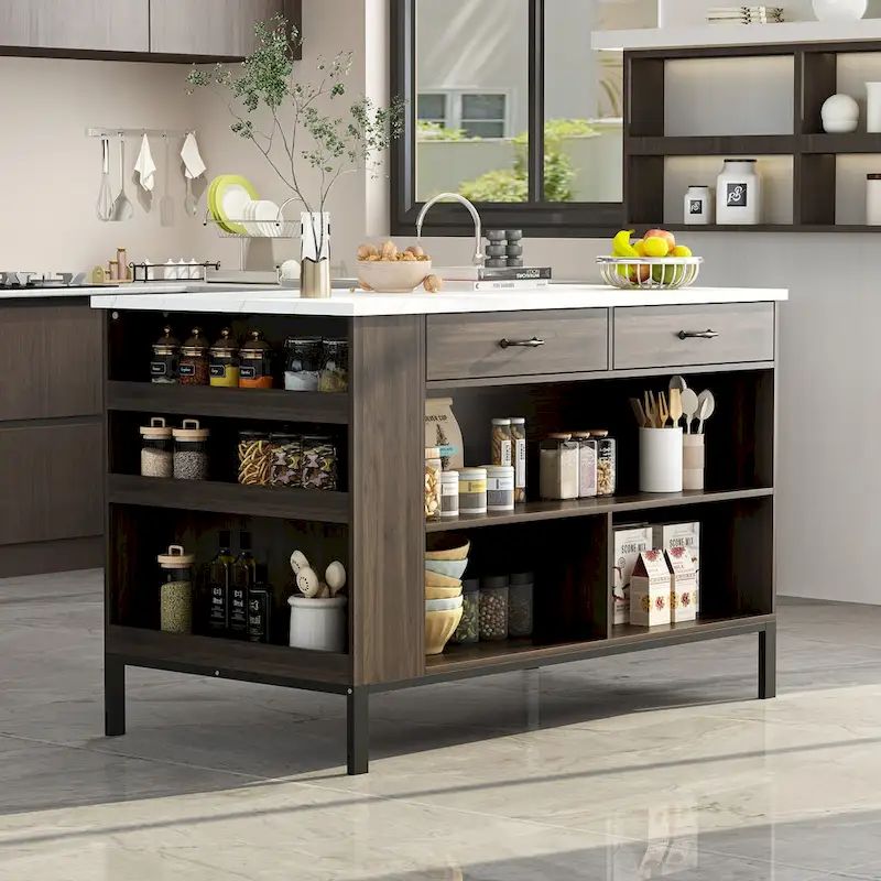 55.1W Buffet Kitchen Island Cabinet with Open Shelves Two Drawers