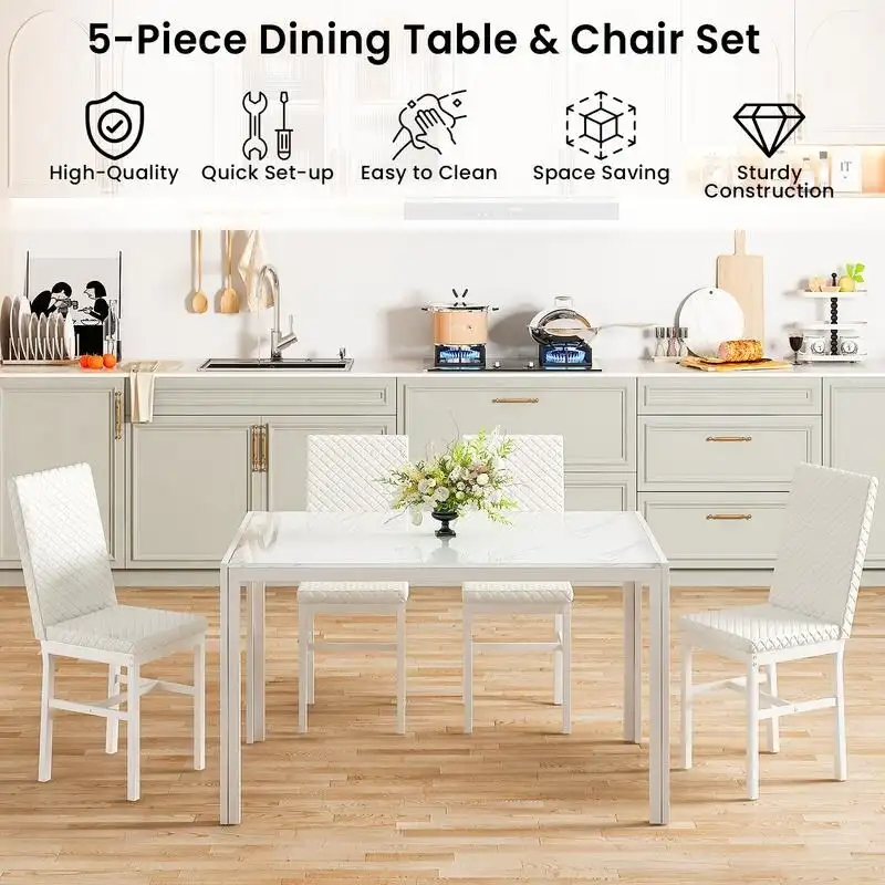 Grondin Modern Style 5-Piece Dining Room Table Set with Tempered Glass Tabletop and 4 Diamond Stitching PU Leather Dining Chairs