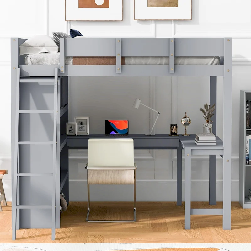 Full Size Loft Bed with Desk and Shelf