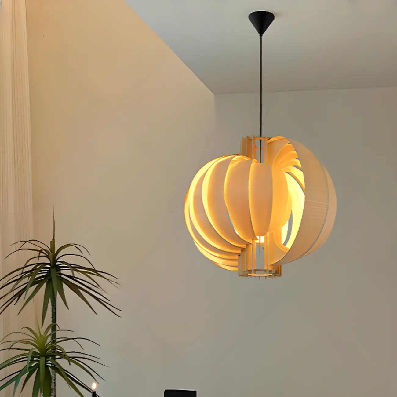 Unique Solid Wood Brown Globe Pendant Light for Indoor