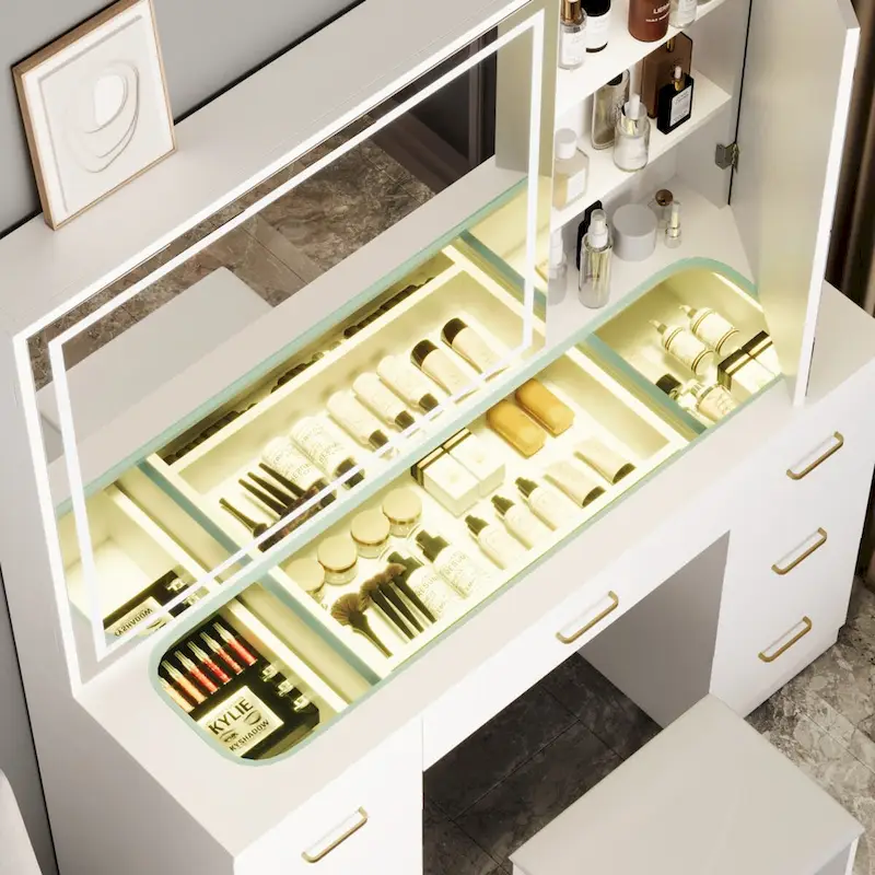 White Vanity Table Set with LED Mirror, 7 Drawers & Cushioned Stool, 40"L x 54.8"H, 1-Person