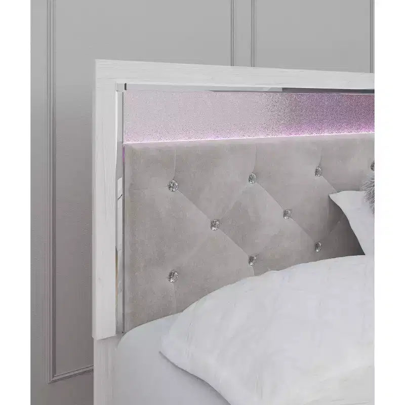 King/California King Altyra Upholstered Panel Headboard White: Chrome Accents, LED Lighting