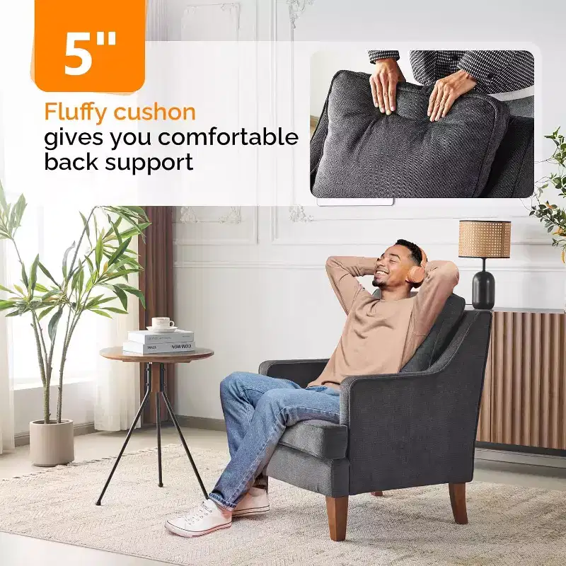VINGLI Mid-Century Modern Accent Chair, Black Upholstered Armchair Comfy Sofa Chair Reading Chair