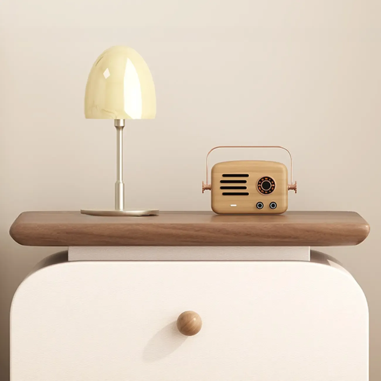 Faux Leather Modern Curved Nightstand Wood Top