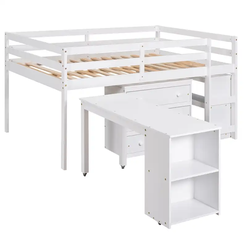 Full Pine Multifunctional Loft Bed with Movable Desk