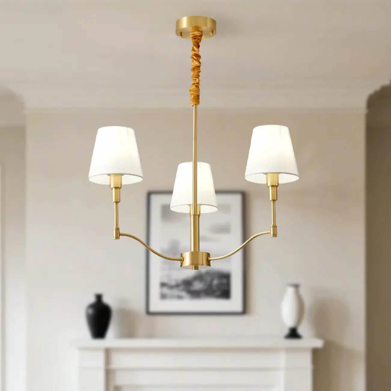 Modern 3-Light White Chandelier with Fabric Shades