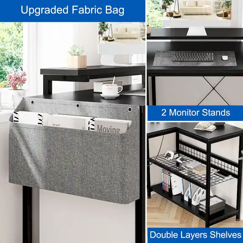 Modern L Shaped Computer Desk with Power Outlets & LED Light