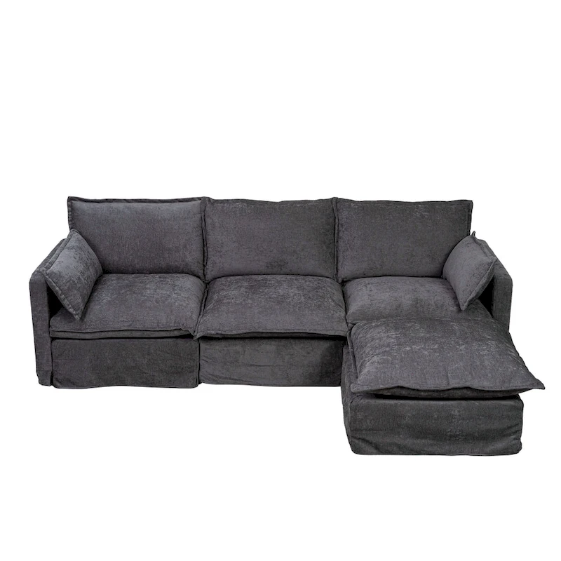 93.31 Faux Linen Modular Sectional Sofa with Movable Ottoman, Solid Wood Frame, and High-Resilience Foam Cushions