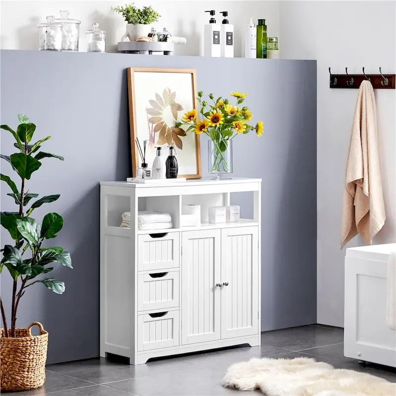Freestanding Floor Storage Cabinet with Drawers & Doors – White, Single