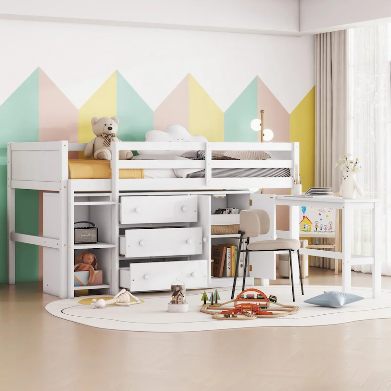 White Twin Size Wood Low Loft Bed with Pull-Out Desk