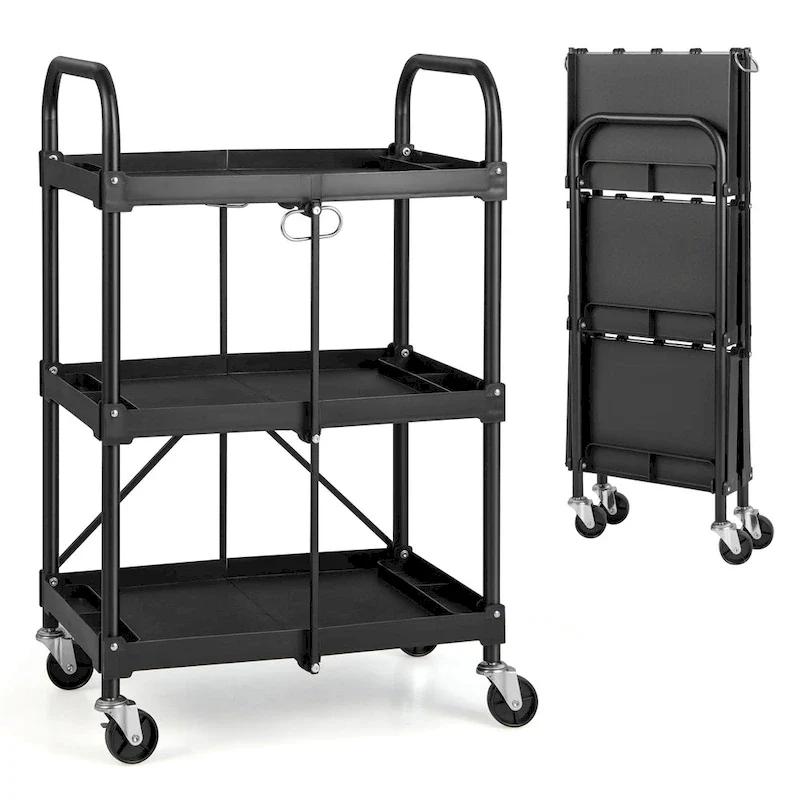 Folding Collapsible Service Cart Heavy-Duty 3-Shelf Tool Cart - 24 x 17 x 38 (L x W x H)