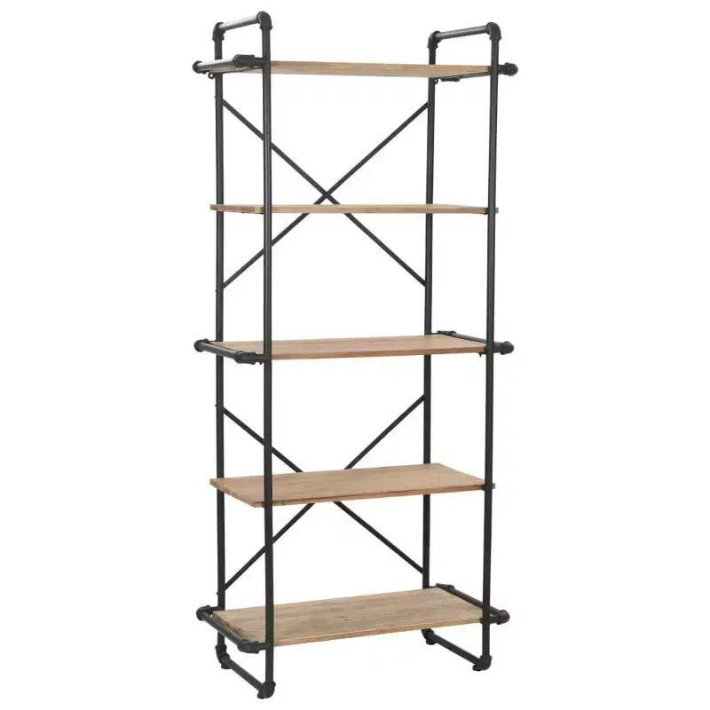 Black Industrial Bookshelf – Fir Wood & Steel, 5-Shelf