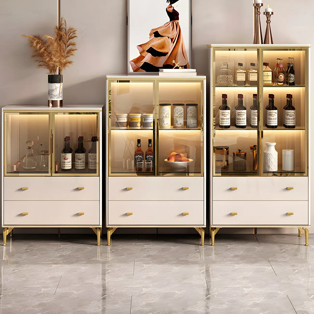 White Wood Gold Legs Adjustable Shelves Display Cabinet