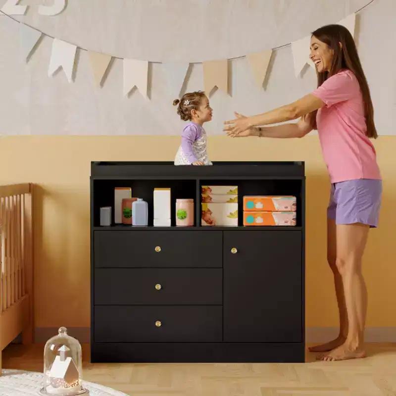 Black/White Baby Changing Table Dresser with 3 Drawers, Cabinet & 2 Shelves, Detachable Top, for 1 Child