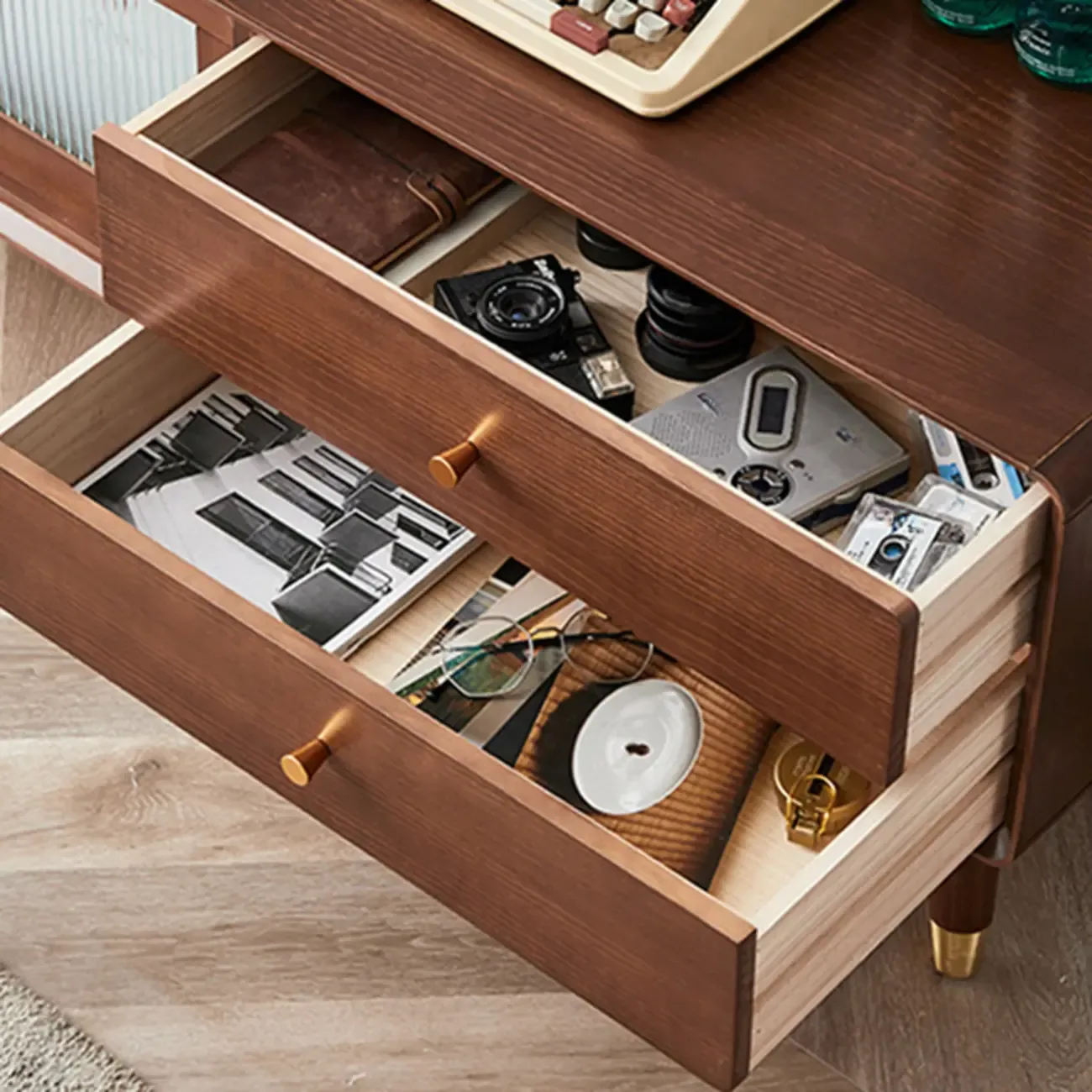 Long Brown 2-Drawer Pine Modern TV Stand with Cabinet