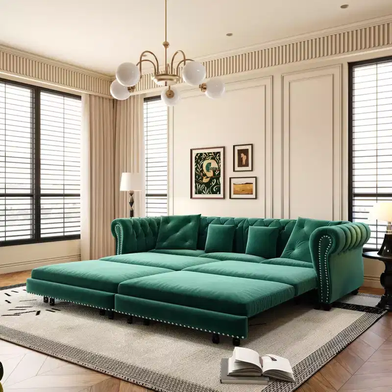 Emerald Green 3-in-1 Convertible Sofa Bed, 3-Seat