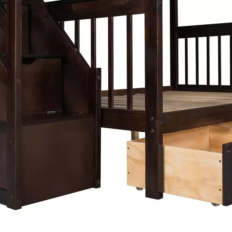 Stylish Design Twin over Full L-Shaped Bunk Bed With 3 Drawers, Ladder and Staircase