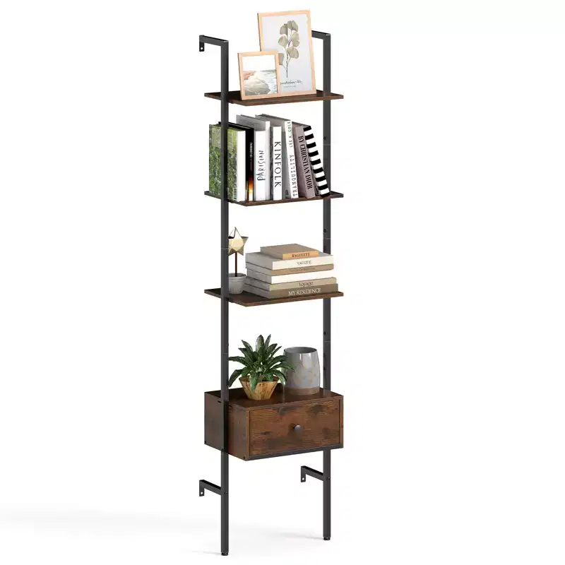Costway 5-Tier Bookshelf w/ Drawer 70 Wall Mount Ladder Bookcase w/ Metal Frame