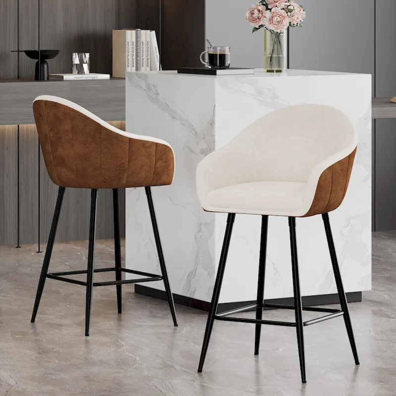 Roomfitters 26.5 Modern Upholstered Counter Stools, Set of 2 Bar Height Chairs with Metal Legs and Cushioned Seat, Beige+Brown