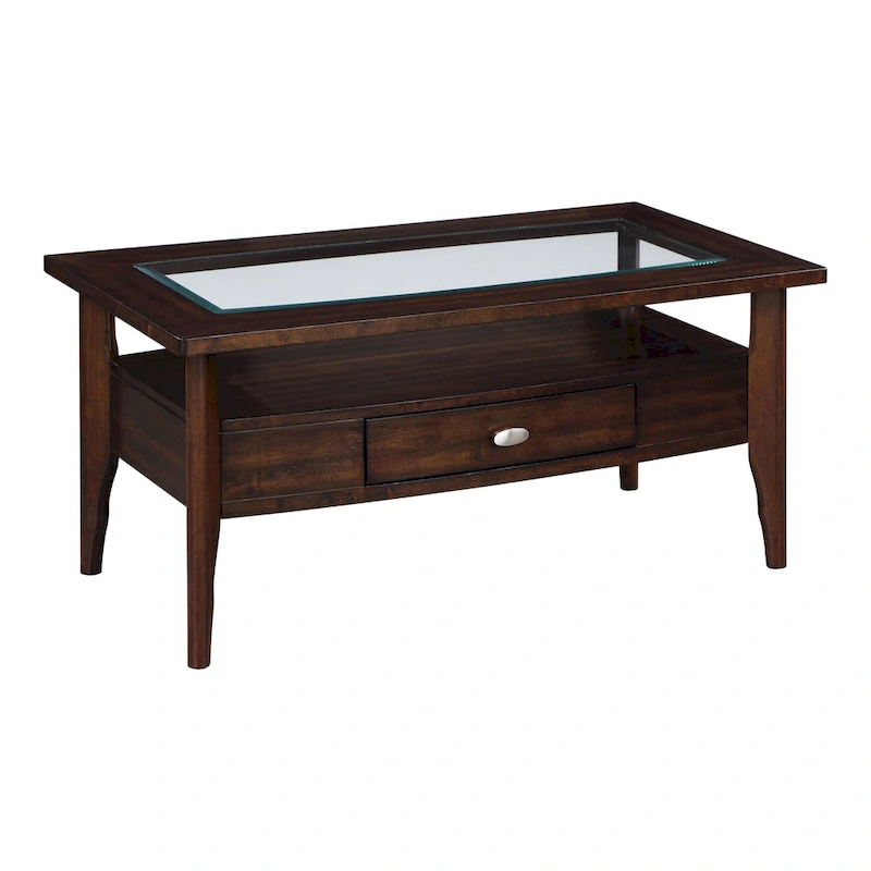 Genoas Traditional Walnut Glass 2-Piece Coffee Table Set with Drawer by Furniture of America