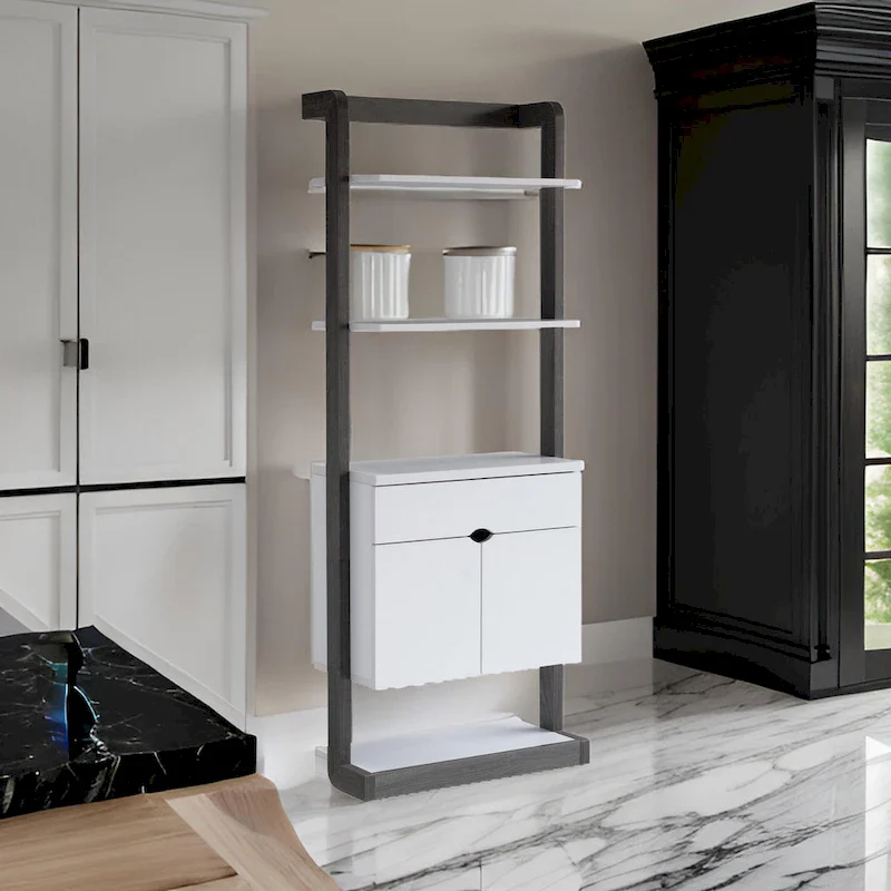 65 Inch Modern Display Cabinet, 4 Shelves, Drawer, Distressed Gray, White