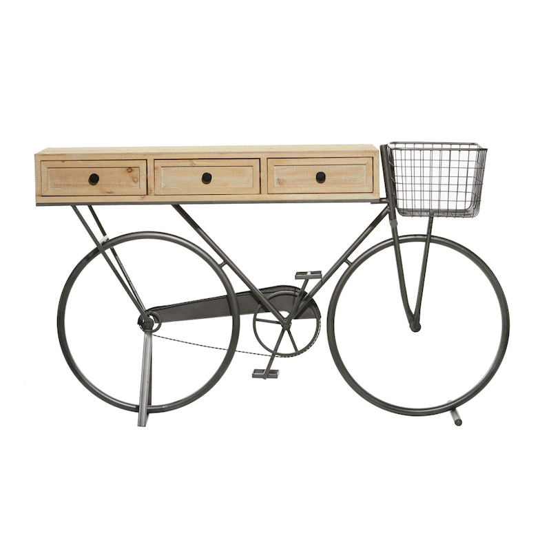 Metal Bike 3 Drawers Console Table with Brown Wood Top - Black - Roche River Decor - 15 Wx58 Lx34 H