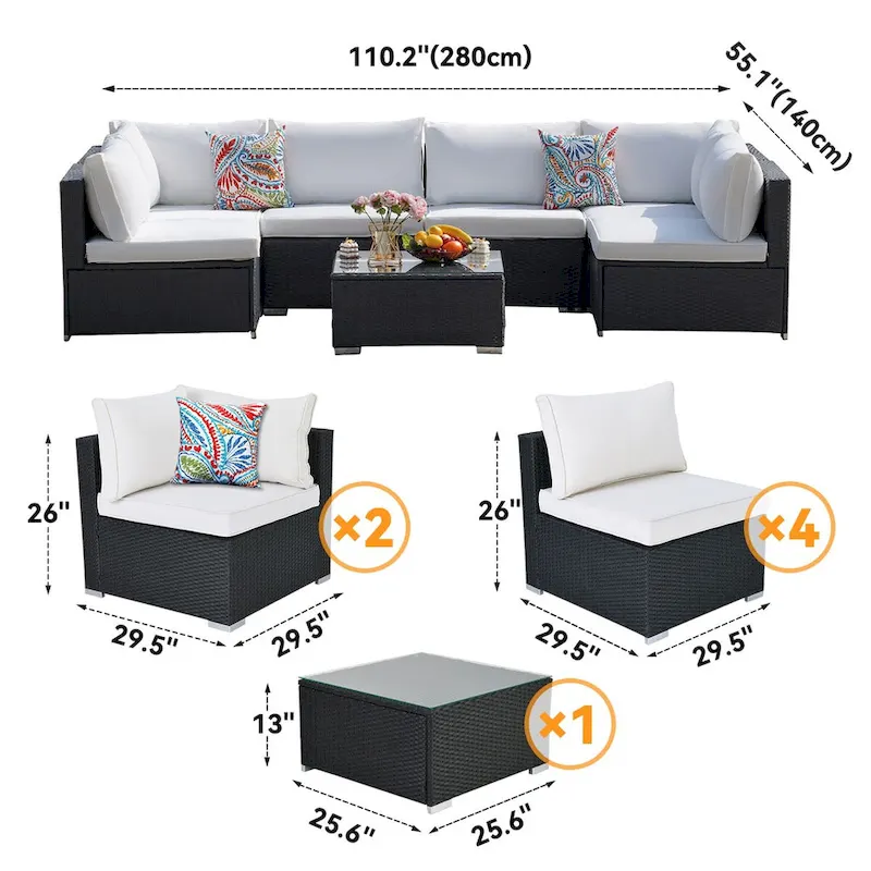 7-Piece Wicker Patio Conversation Set with Cushions and Glass Table