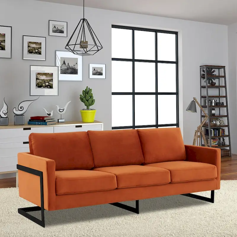 Leisuremod Lincoln 3-Seater Upholstered Velvet Sofa with Black Stainless-Steel Base