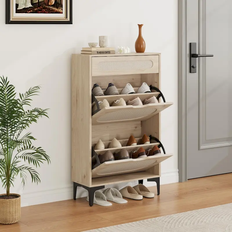Shoe Cabinet, Rattan Shoe Storage With 2 Flip Drawer and 1 Pull-Out Drawer, Heavy Duty Metal Leg