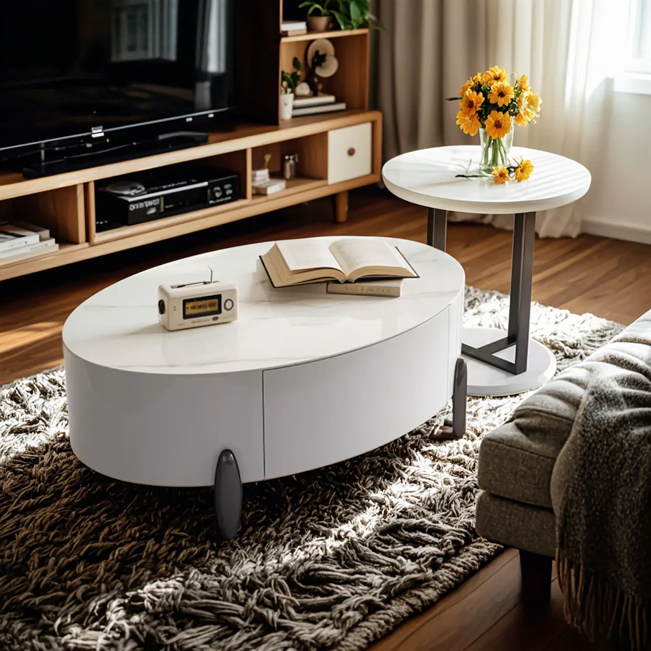 Elegant Indoor Round Nesting Coffee Table with 2 Drawers