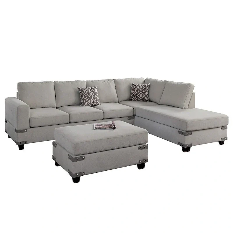Poundex 3 Piece Fabric Sectional Sofa Set with Ottoman