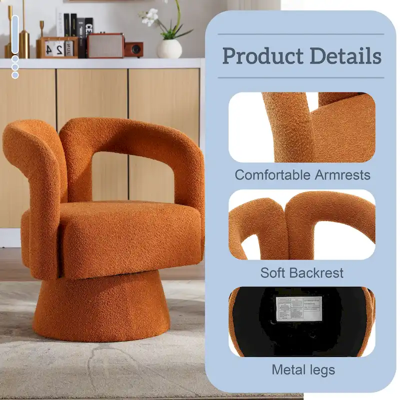 Boucle Upholstered 360° Swivel Barrel Accent Chair, Hardwood Frame, 15-Min Assembly, 6 Colors