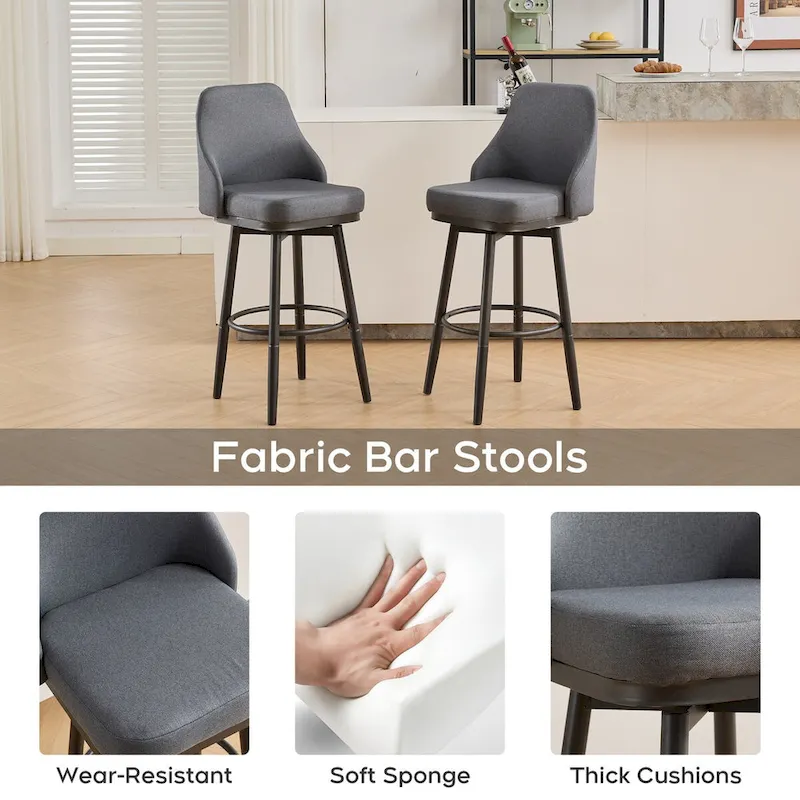 Bar Stools Set of 2 Chenille Adjustable Counter Height Swivel Bar Stools with Back Metal Leg,24 to 29 Inch,Light Gray