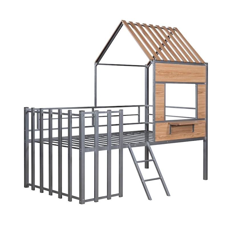 Silver Twin Metal Loft Bed with Roof, Window & Ladder