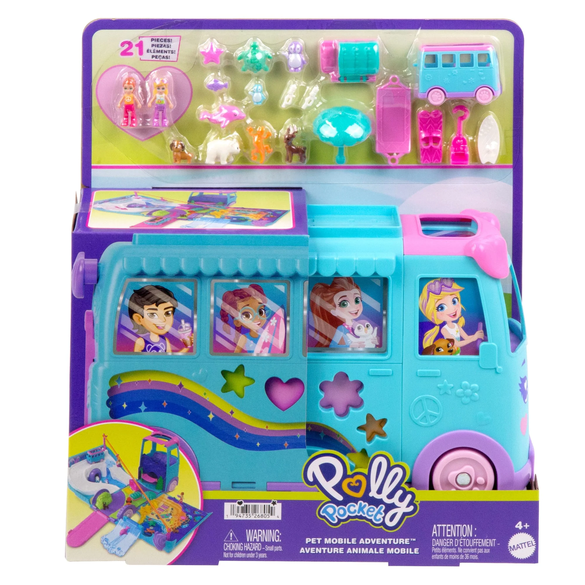 Polly Pocket Pet Mobile Adventure Playset With Micro Dolls & Transforming Camper Van, Pets & Toy Car
