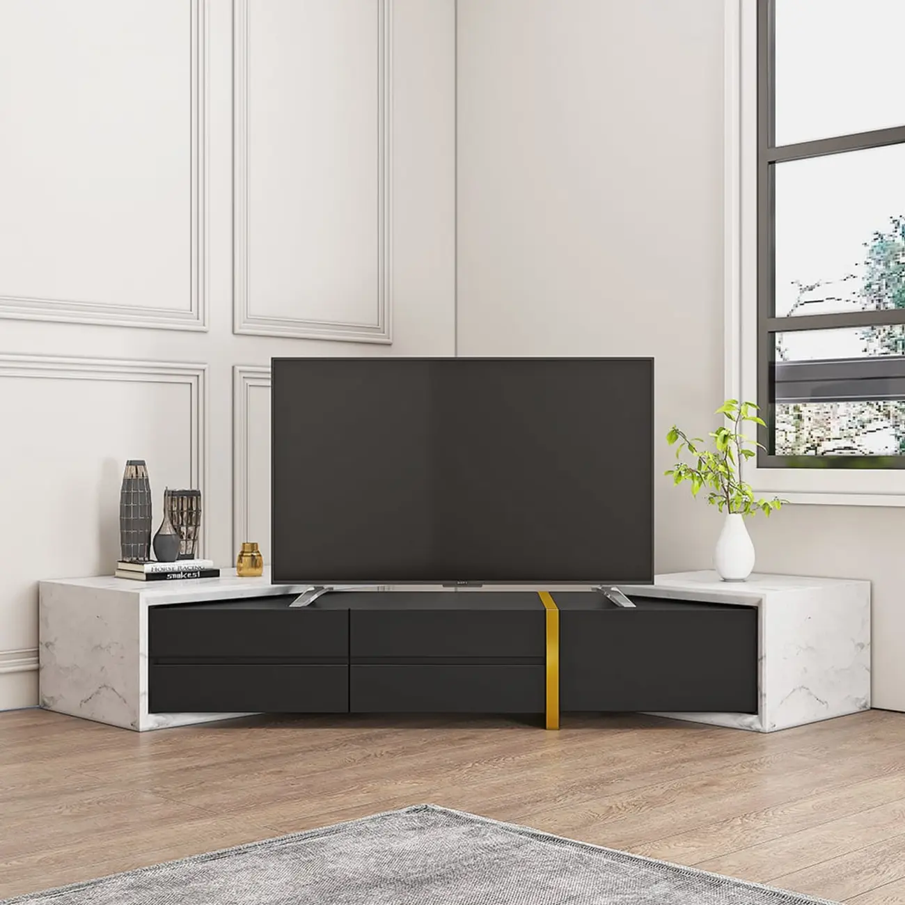 Extendable Modern White & Black 2 Drawers Wooden TV Stand