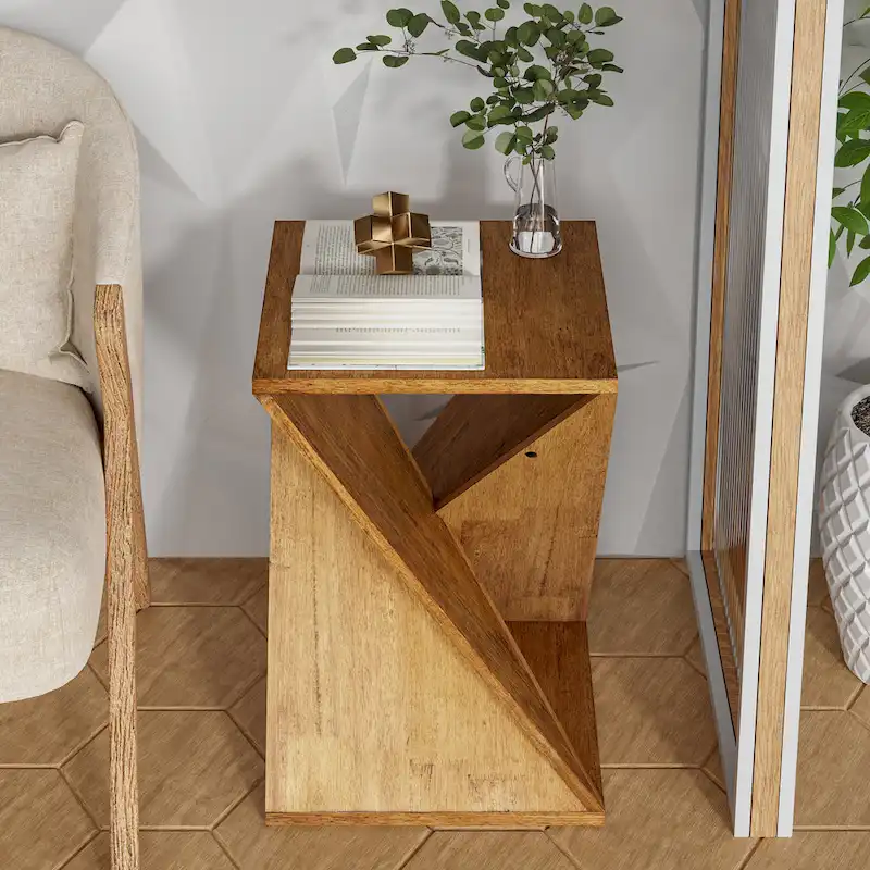 COZAYH Farmhouse End Table Square Solid Wood Side Table Rustic Plant Stand With Twisted Design, Natural Wood, Black