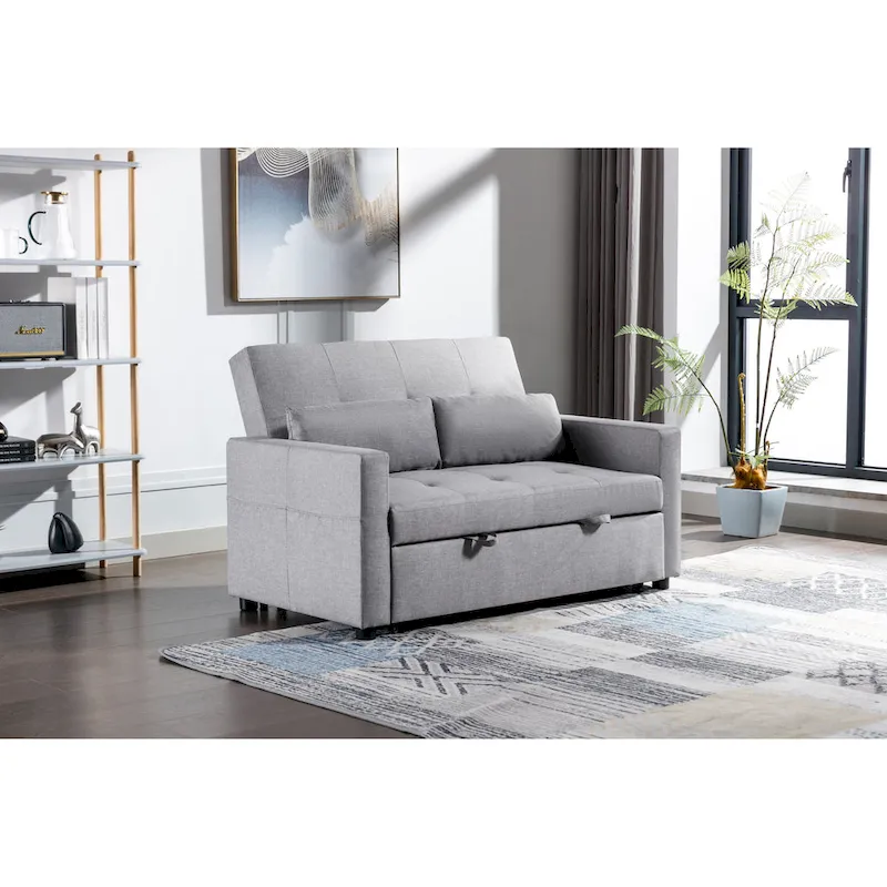 Light Grey Linen Fabric 3-In-1 Convertible Sleeper Loveseat With Side Pocket