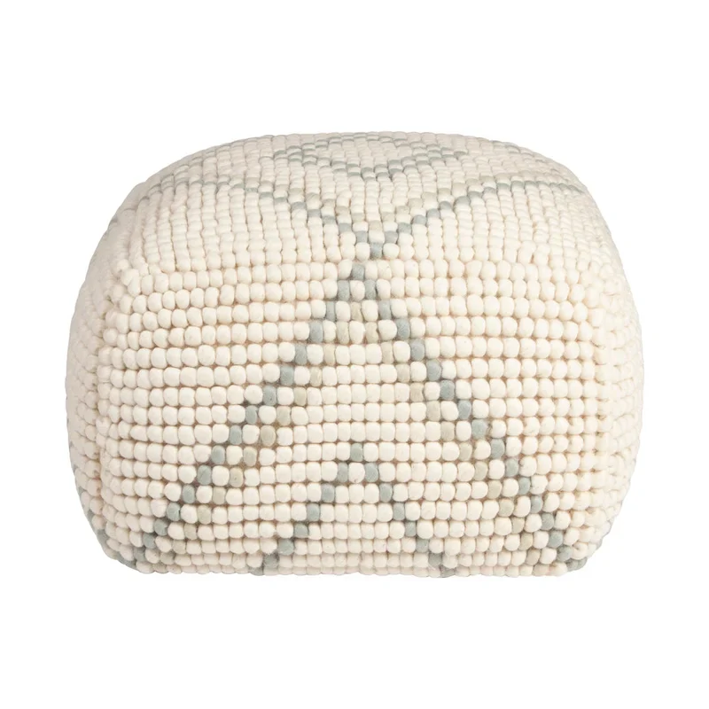 Cream/Grey/Teal Wool & Cotton Round Pouf Ottoman, 24