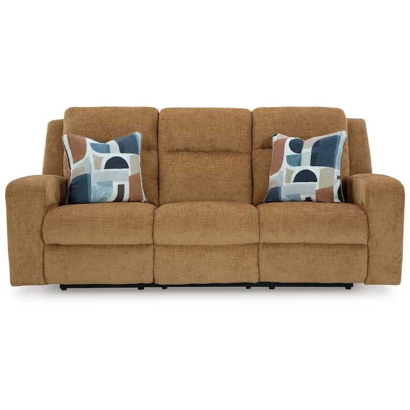 Damon Manual Reclining Sofa, Camel Brown Polyester, 2 Pillows, 86 Inch