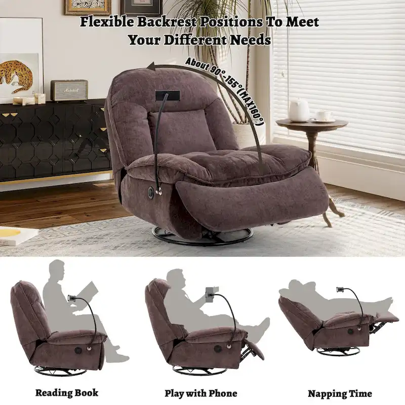 Bronzing fabric swivel recliner with mobile phone bracket